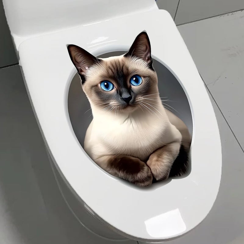 Iprokiu Cute Animal Toilet Sticker Waterproof 3D Funny Dog Cracking Toilet Seat Lid Decal Bathroom Wall Sticker Squirrel Toilet Lid Decal Home Decoration (Siamese Cat) - Image 3